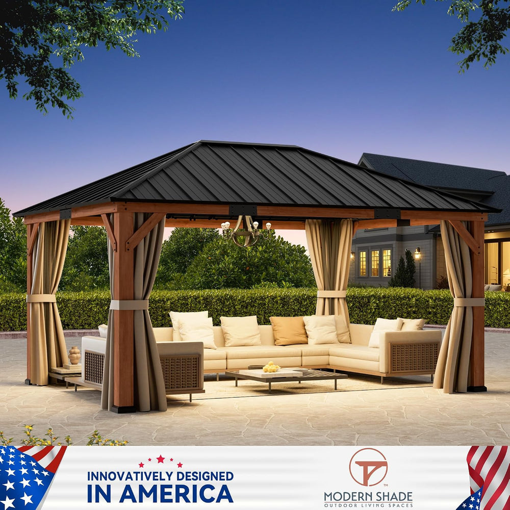Modern Shade Permanent Wood Gazebo 12x16 with Galvanized Steel Roof