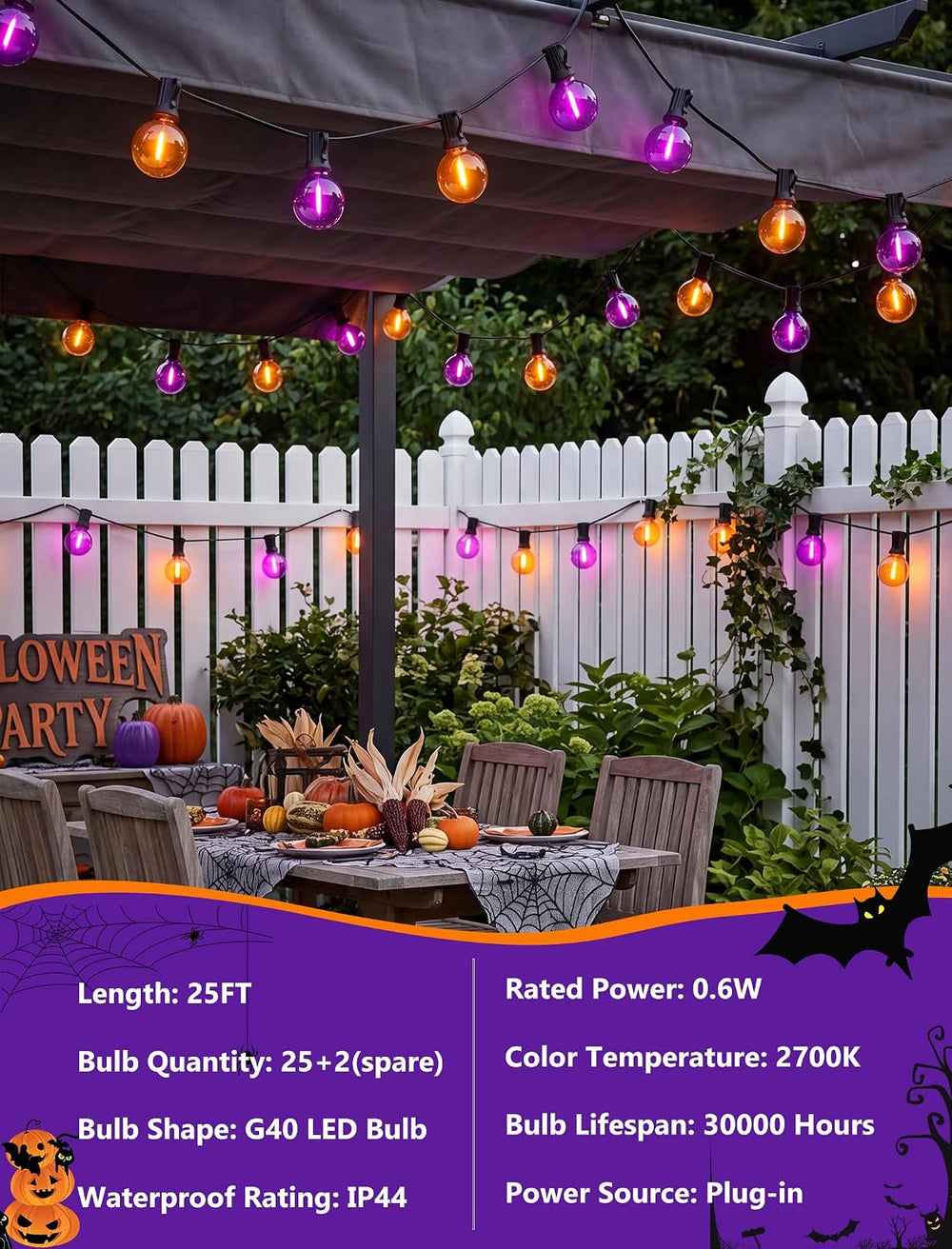 25FT G40 LED Outdoor Halloween String Lights, Orange and Purple Halloween Dec...