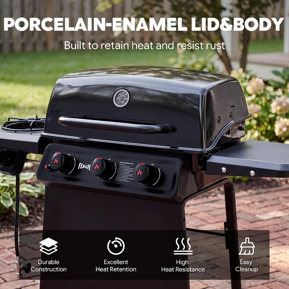 Feasto 3-Burner Propane Gas Grill with Side Burner for Outdoor Cooking