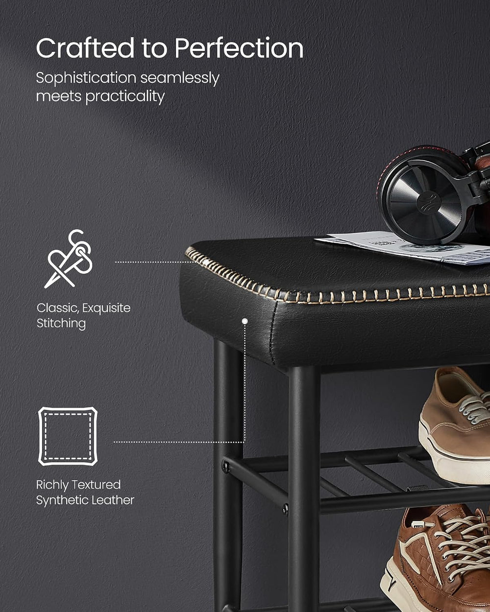 VASAGLE Shoe Bench, Synthetic Leather with Stitching, Loads 300 lb