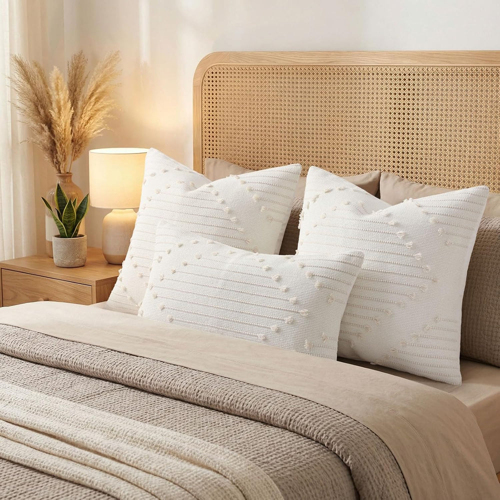 Mecatny Boho Outdoor Throw Pillow Covers 18x18 Set of 2 Beige & Cream White