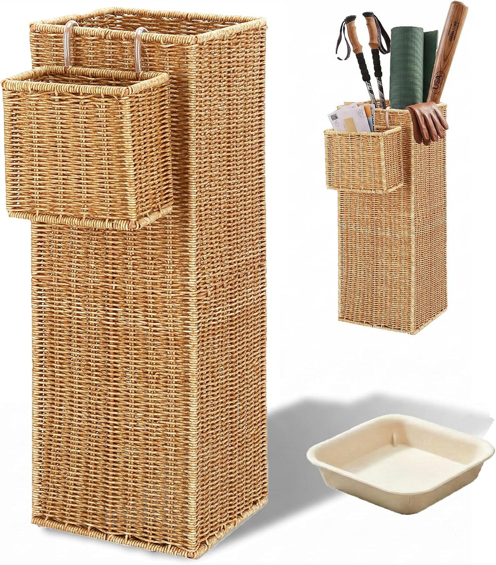 Wicker Umbrella Stand for Entryway, Tall Rattan Holder with Tray