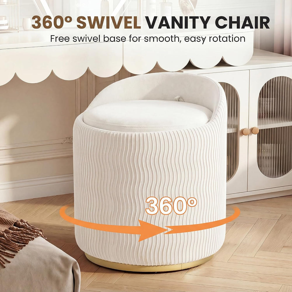 MALOL Vanity Chair with Storage, 360° Swivel Velvet Vanity Stool, Beige