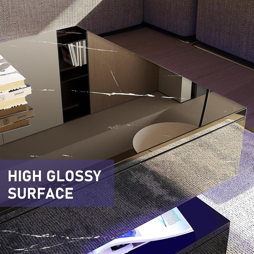 HOMFAMILIA LED Coffee Table with 2 Storage Drawers, Modern High Gloss Black C...