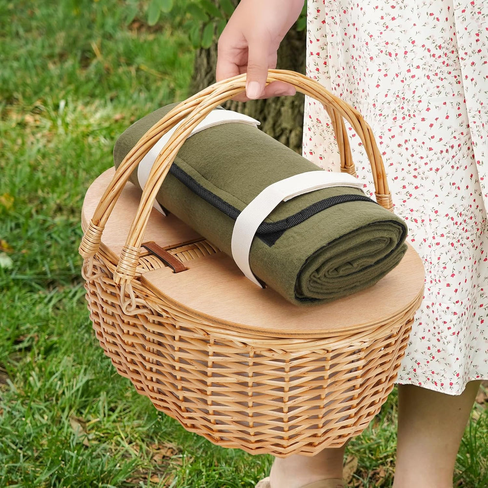 15" Cooler Picnic Basket with Blanket, Wooden Split Lid Picnic Basket
