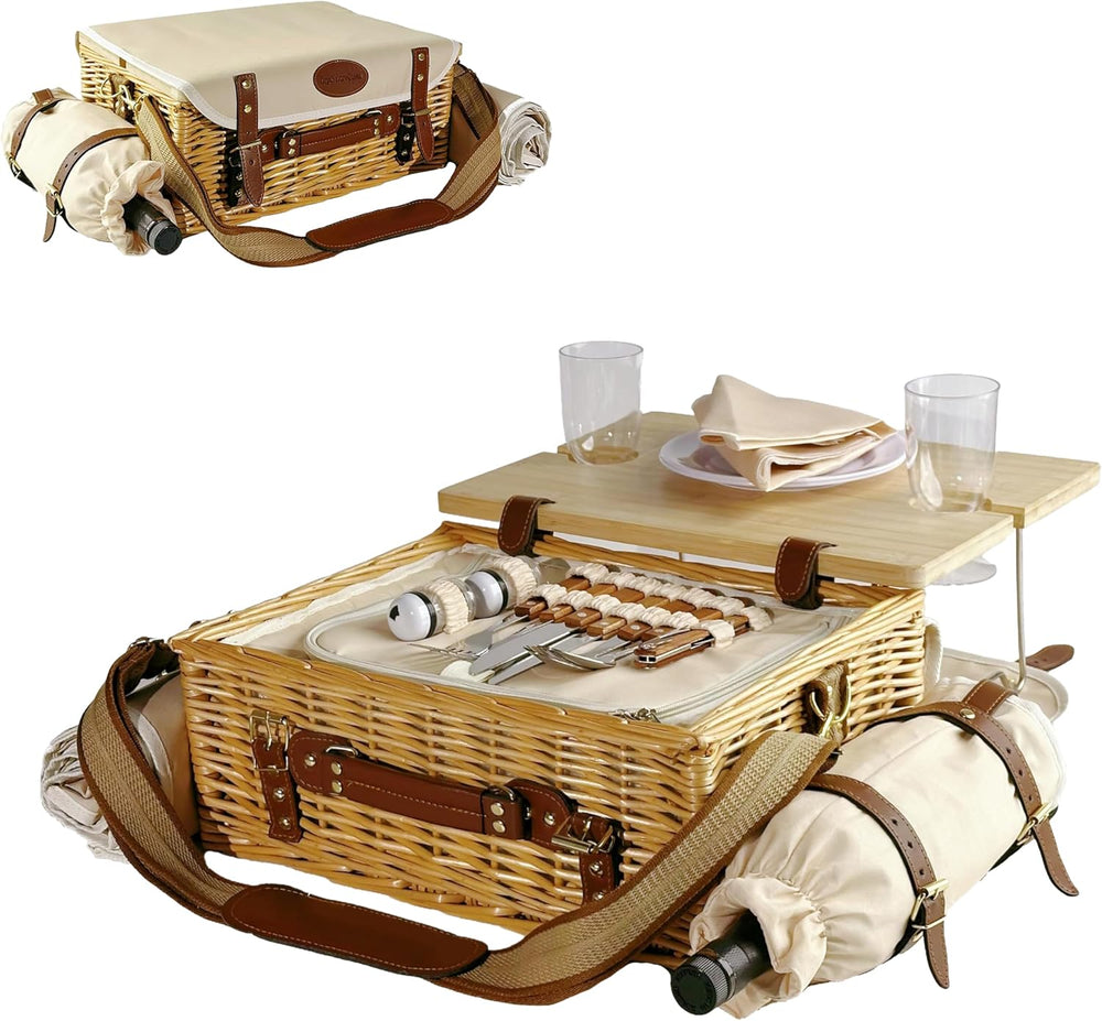 Multifunctional Wicker Picnic Basket Set for 2 Adults with Picnic Table and B...