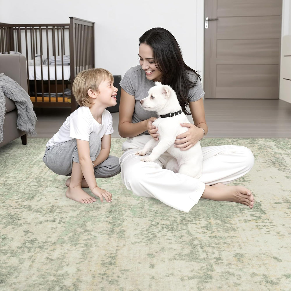 10x12 Area Rug Living Room: Modern Washable Soft Carpet Green Cream
