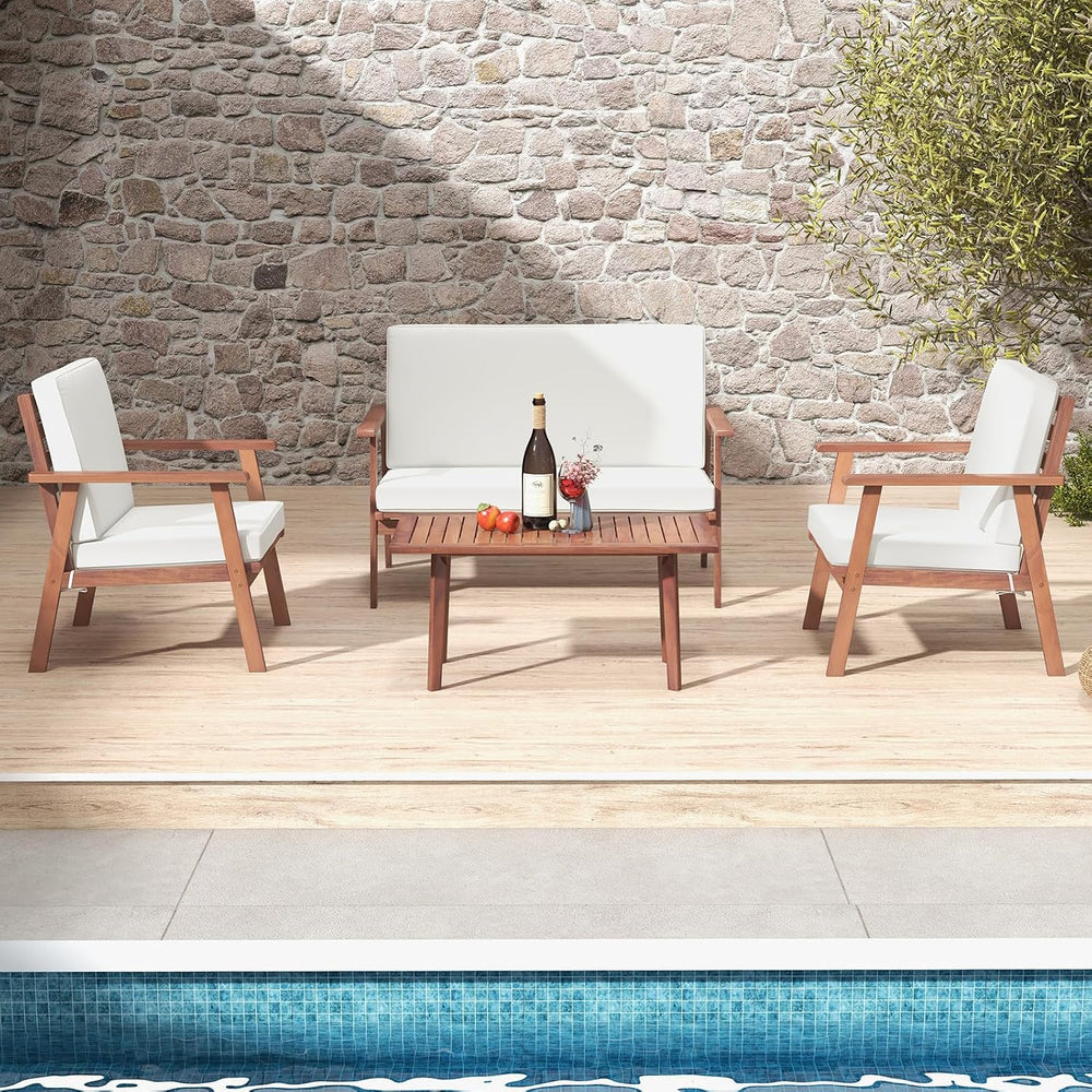 Tangkula 4 Piece Outdoor Conversation Set, Acacia Wood Sofa Set with Soft Sea...