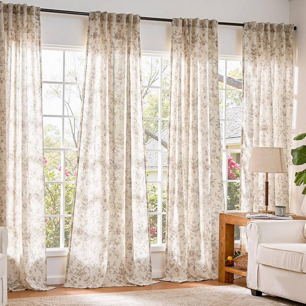 jinchan Linen Curtains 96 inch Taupe Floral Farmhouse Rod Pocket 2 Panels
