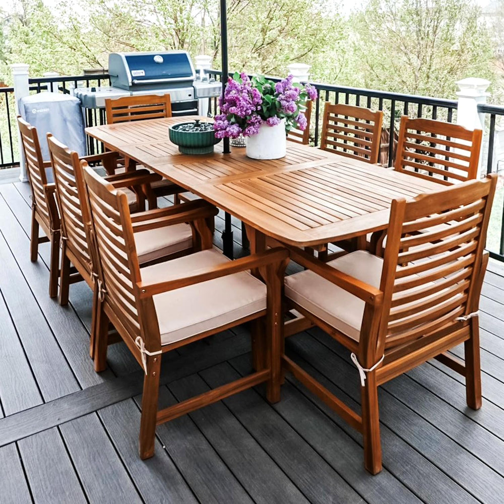 PHI VILLA 9pc Outdoor Dining Set, Expandable Wood Table w/Umbrella Hole