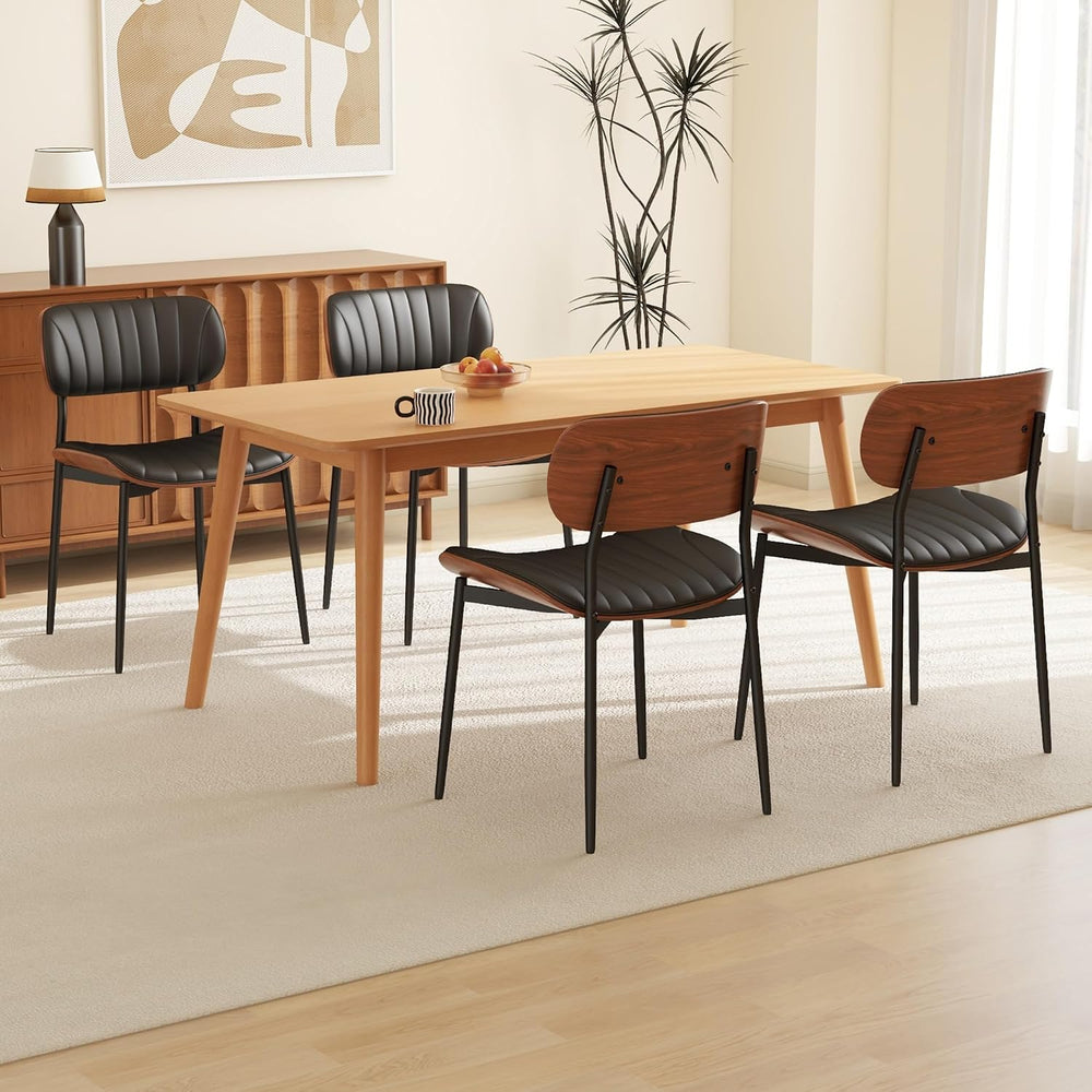 PU Leather Dining Chairs Set of 2 with Walnut Bentwood, Black