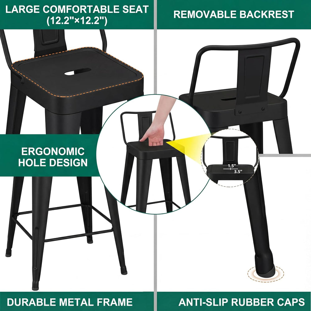 WENTMENT Metal Bar Stools Set of 4 Counter Height Black Barstools with Remova...