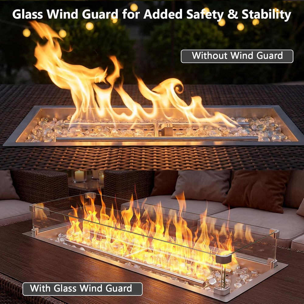 Hisencn 30 x10 Inch Drop-in Fire Pit Kit with Glass Wind Guard and Lid