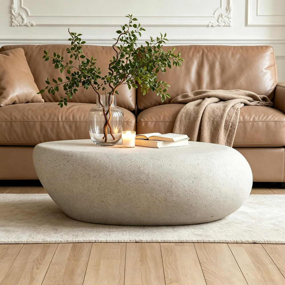 43.31" Oval Coffee Table, Modern Faux Stone Circle Center Tables Accent ...