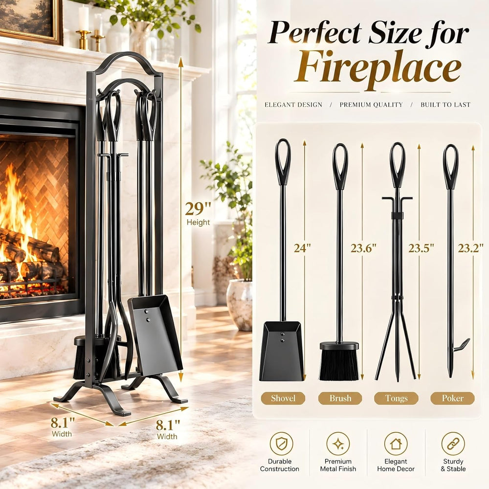FEED GARDEN Fireplace Tools Set 5 Pcs with Stand, 29” Durable Wrought Iron