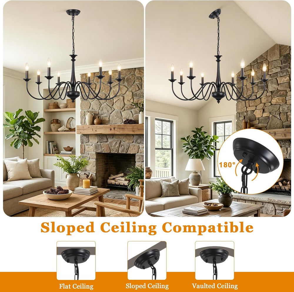 35" Farmhouse Chandelier, 8-Light Matte Black Classic Iron Candle Pendan...