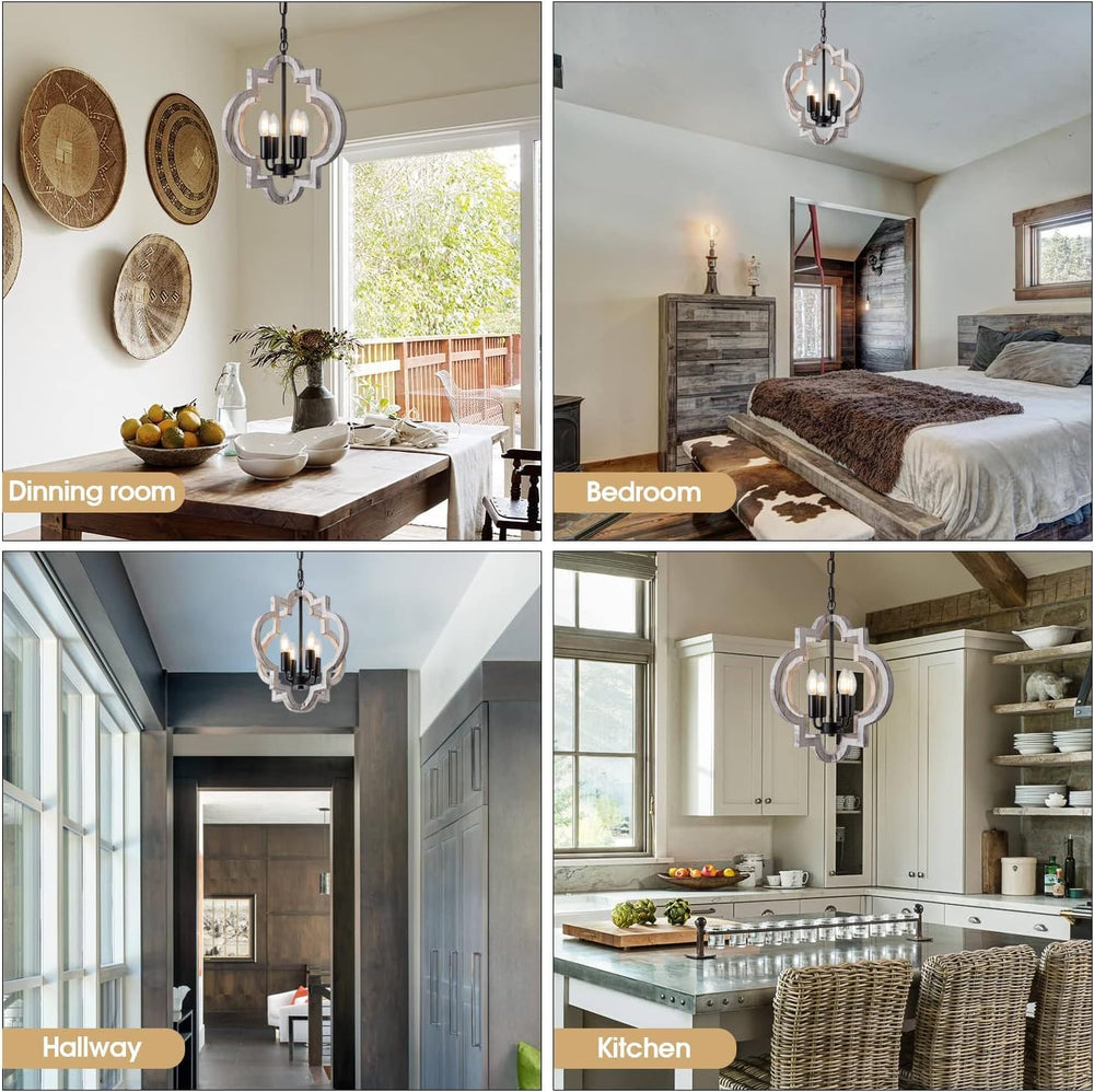 4-Light 15" Farmhouse Orb Chandelier Rustic Handmade Distressed White Wo...