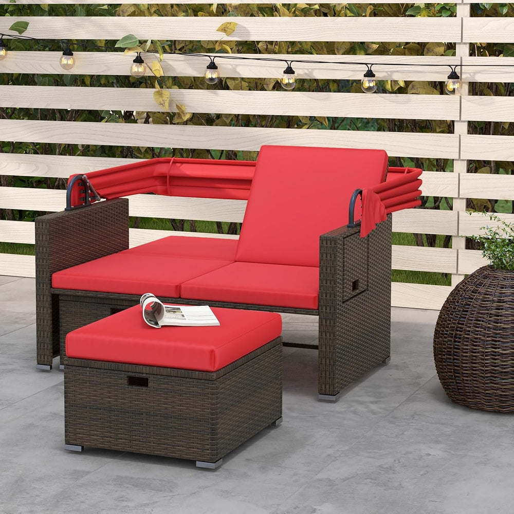 Moccha Outdoor Daybed with Retractable Canopy - Rattan Loveseat Sofa Set w/ A...
