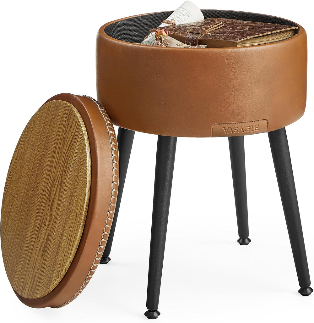 VASAGLE Storage Ottoman, PU Leather Round Seat with Steel Legs