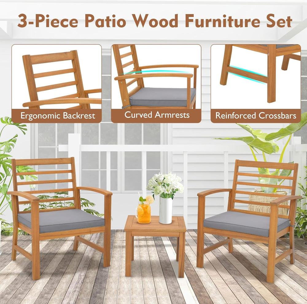 Tangkula 3 Pieces Outdoor Furniture Set, Acacia Wood Conversation Set with So...