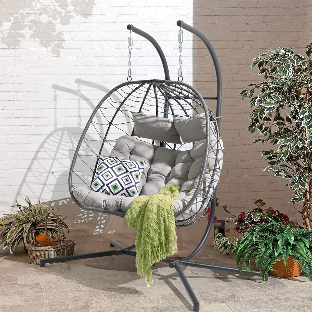 Patiorama 2 Person Double Egg Swing Chair with Stand, Wicker, Light Grey