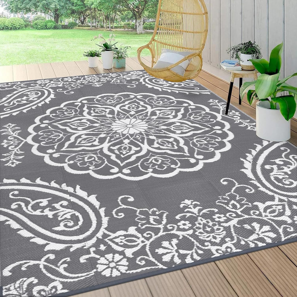 Pauwer Outdoor Rug 10x14, Waterproof Plastic Straw Camping Rug, Boho Grey