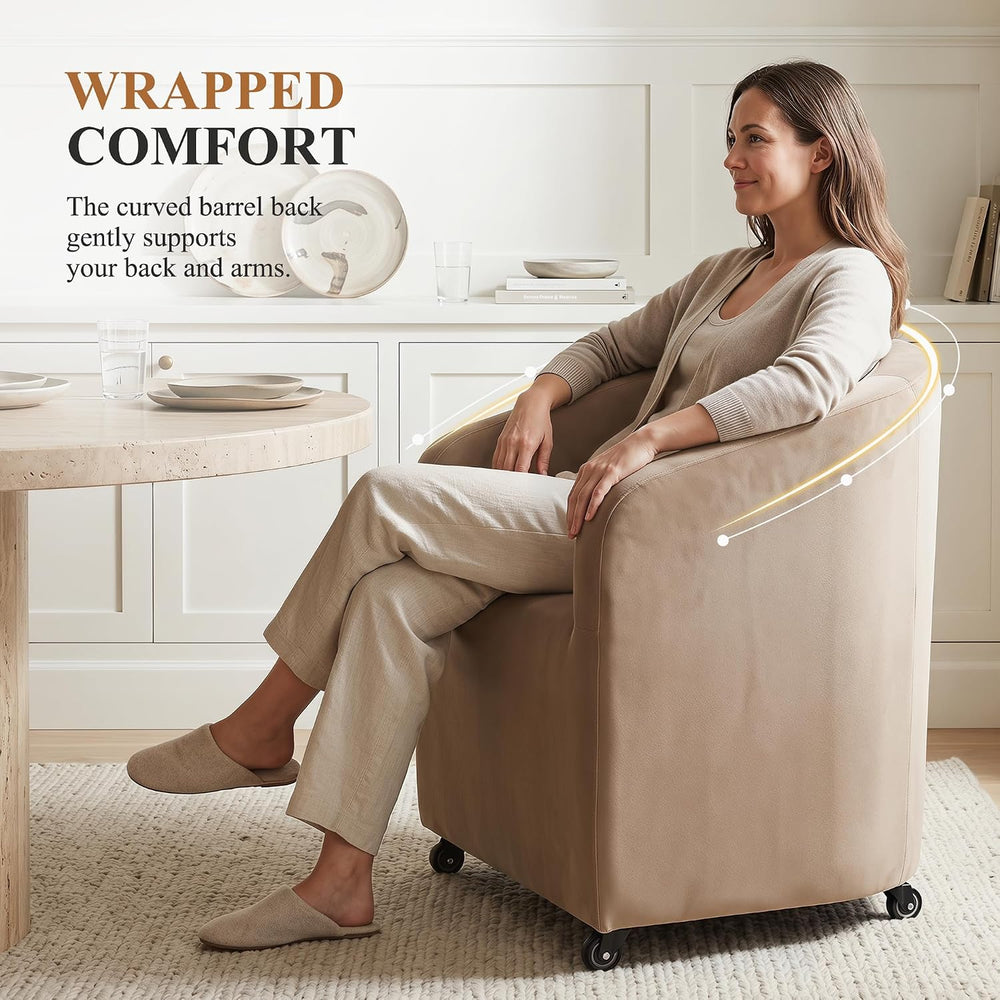 CIMOTA Velvet Khaki Barrel Dining Chairs with Wheels, Set of 4 — Modern Uphol...