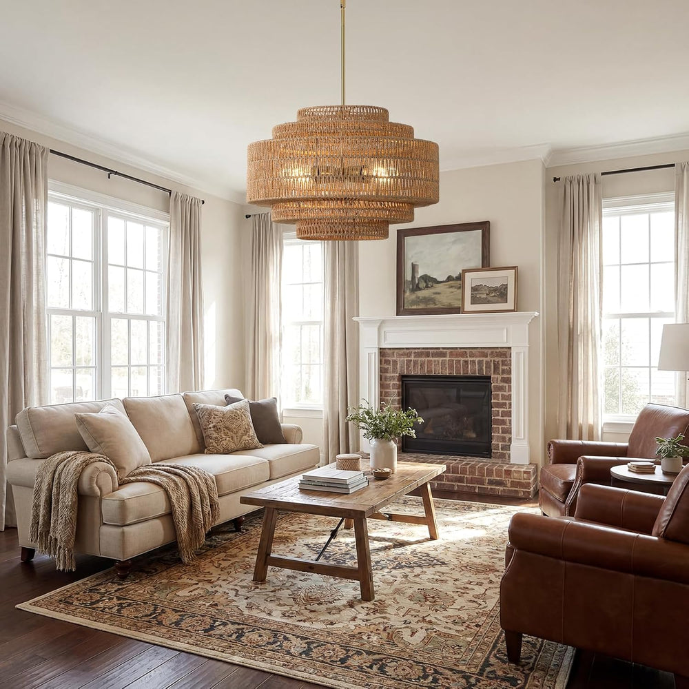 19.68" Gold Rattan Chandelier, 4-Light Handwoven Wicker Fixture