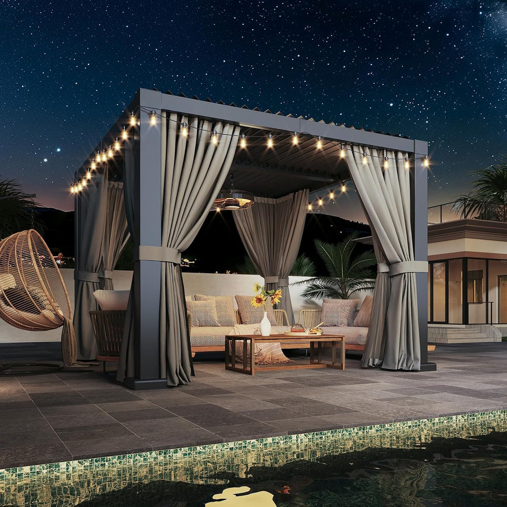 Aoxun Louvered Pergola 10x10 All-Aluminum, String Lights,Curtains & Netting