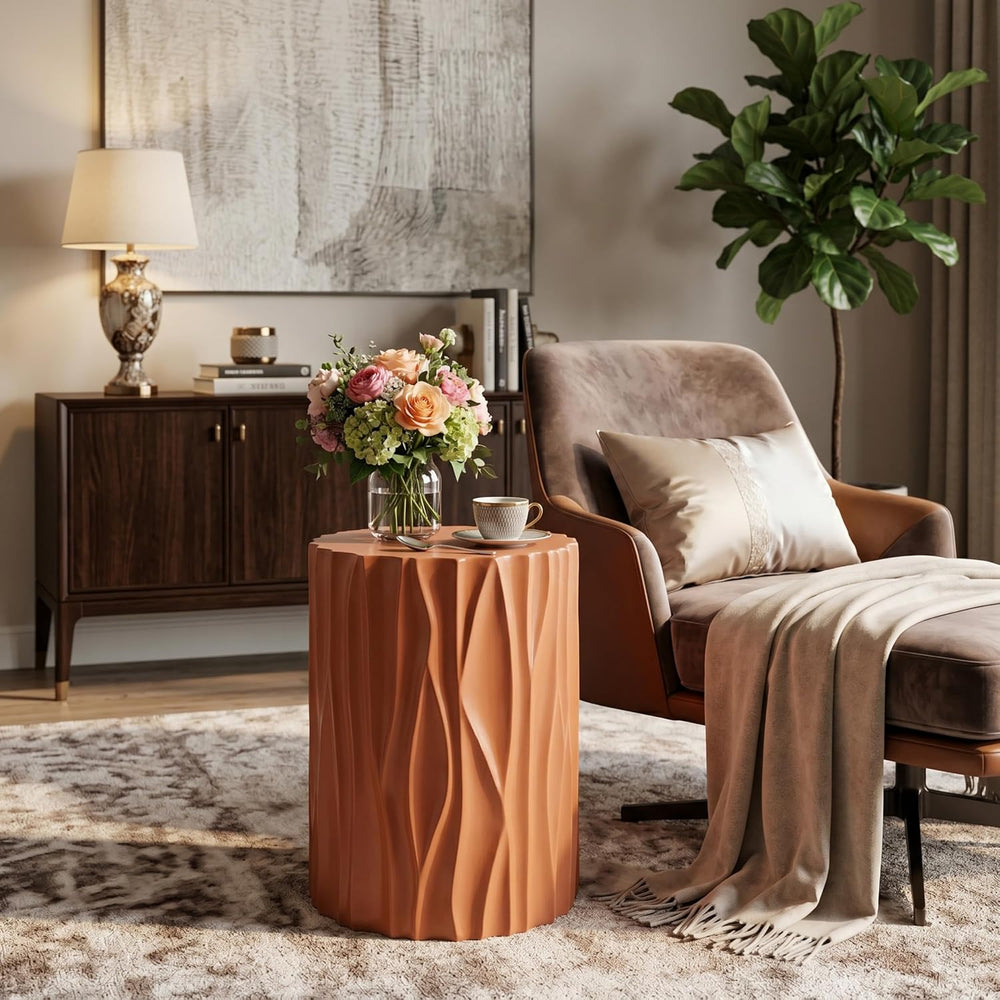 Modern Round Side Table, Outdoor End Table with Wavy Fluted Design, Multi-Use...