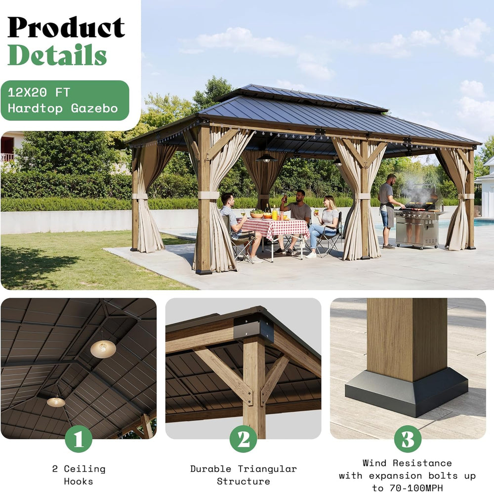 AMERLIFE 12x20FT Hardtop Gazebo with Double Roof, Privacy Curtain & Netting