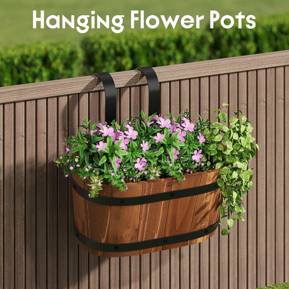 2-Pack Wooden Railing Planters, Hanging Flower Pots with Detachable Hooks for...