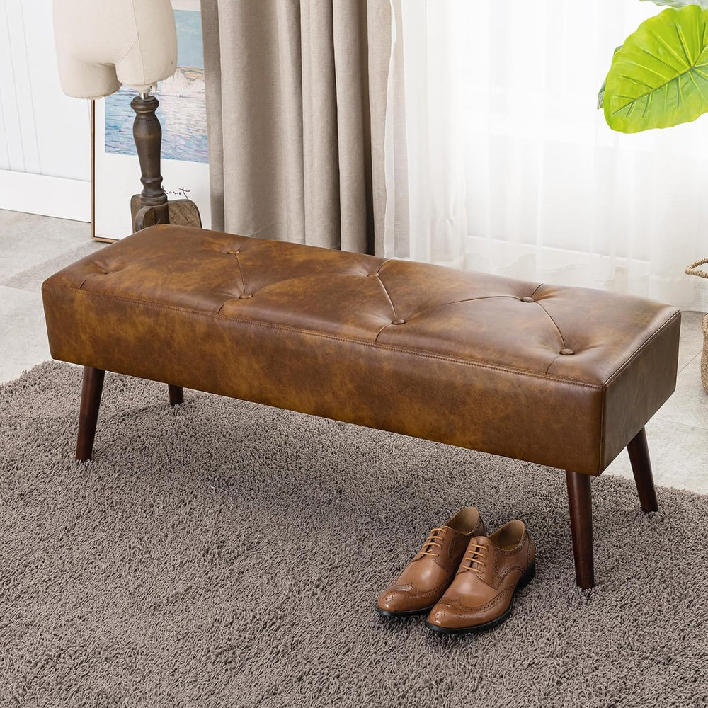 Furniliving 44 Inch Tufted Leather Bench, Leather Footrest Stool Bedroom Benc...