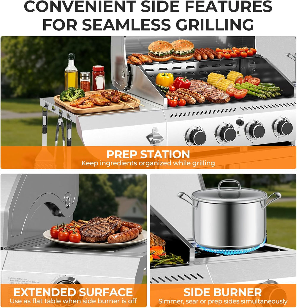 Kismile 4-Burner Propane Gas Grill with Side Burner, Stainless Steel 42,000 B...