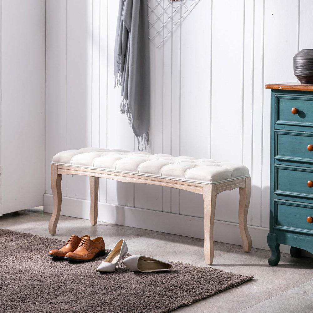 French Upholstered Tufted Entryway Bench, Mid-Century Vintage Linen Fabric Ot...
