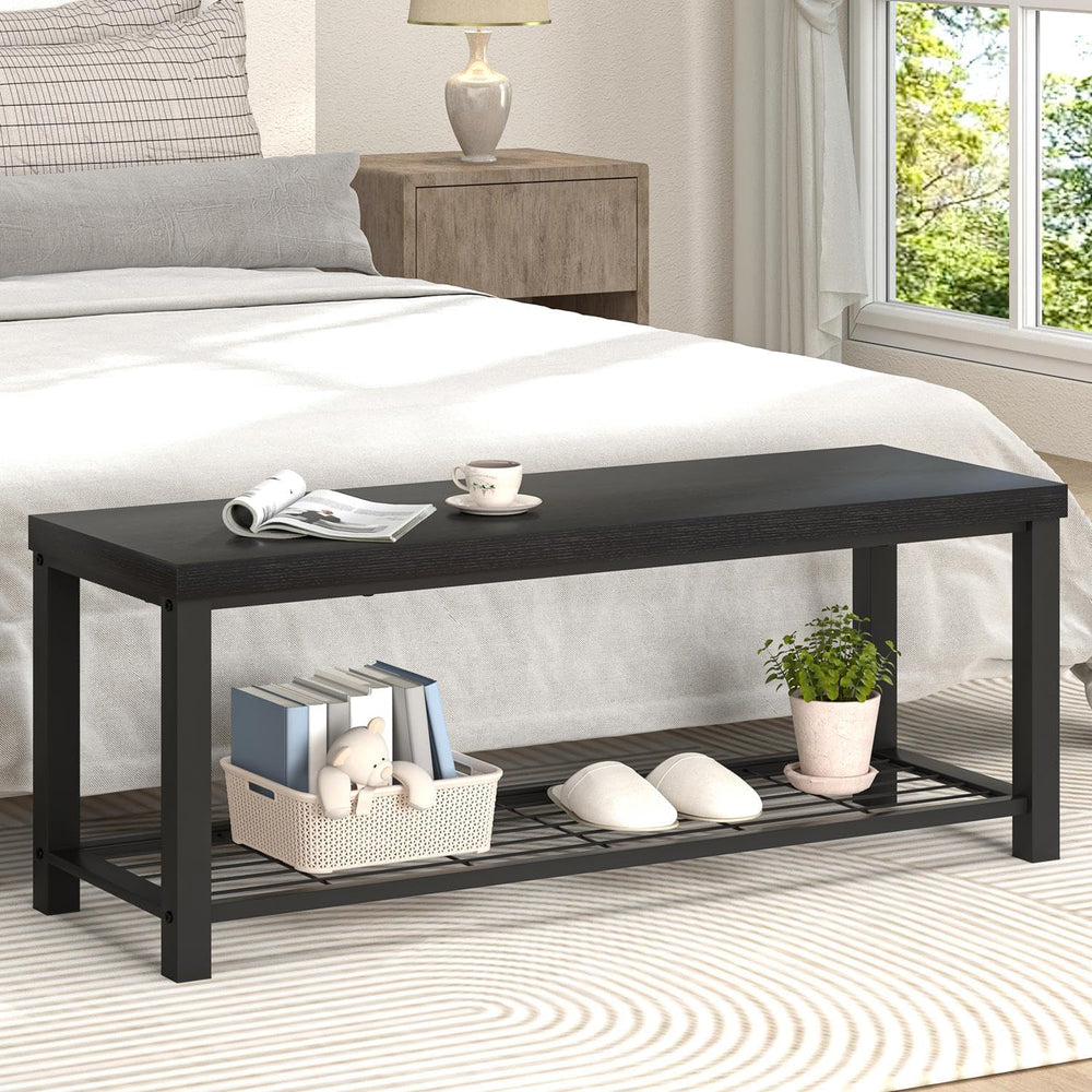 EXCEFUR Entryway Bench, Modern Wood and Metal Storage Bench for Hallway Front...