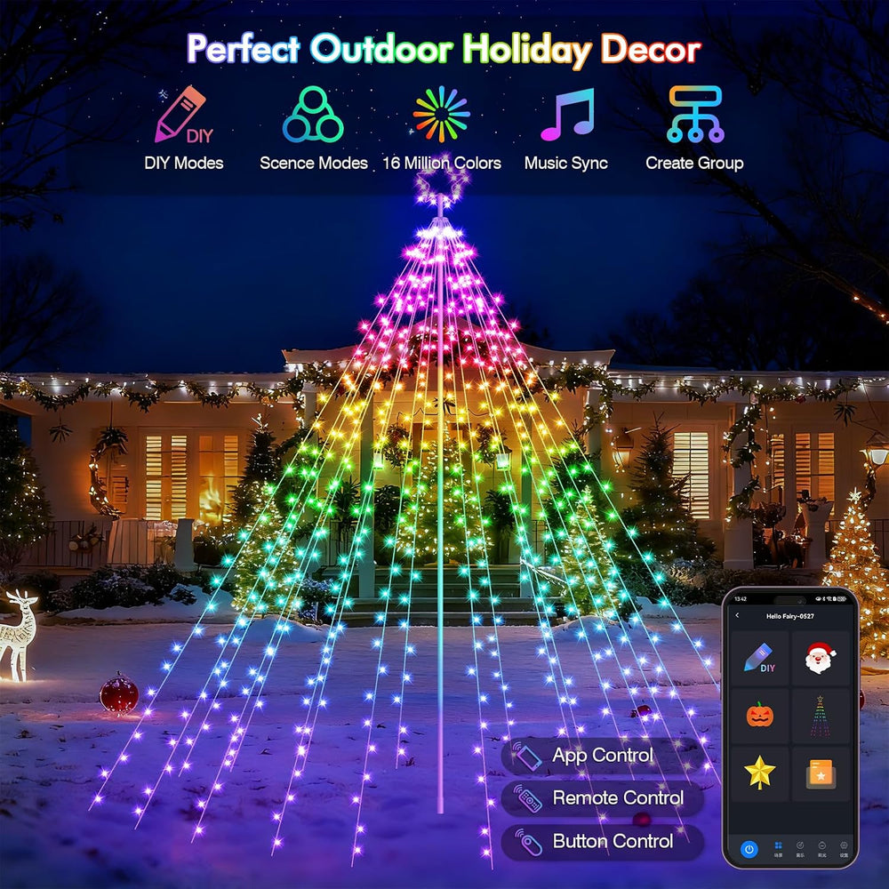 HOLILLUMA 12FT 488LED Outdoor Smart Waterfall Christmas Tree Lights
