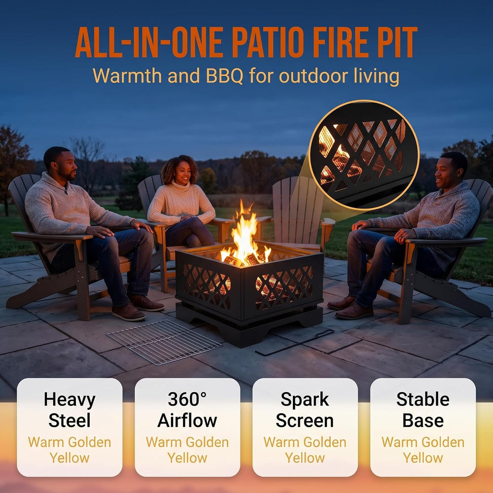 Kingson 20" Square Outdoor Fire Pit, 2-in-1 BBQ Grill, Heavy-Duty Steel