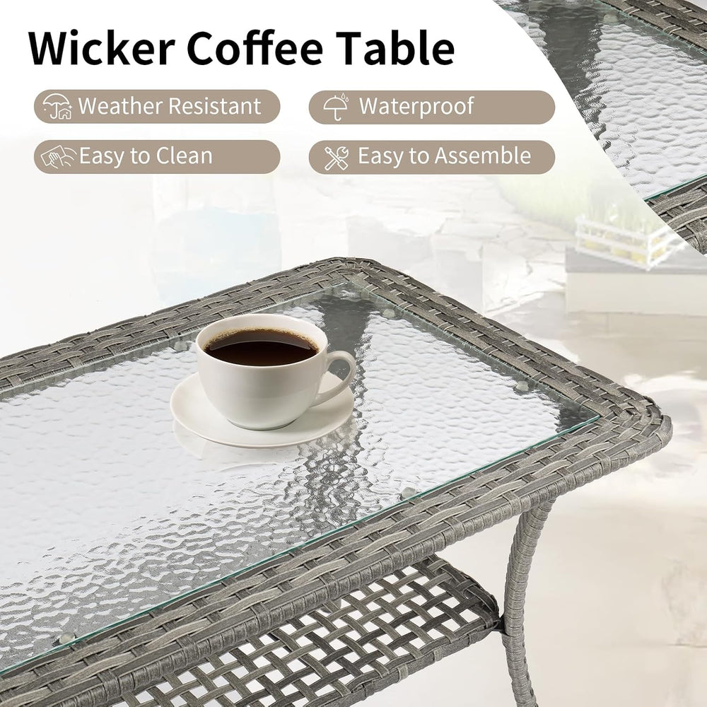 VINGLI Outdoor Coffee Table with Storage Wicker Patio Coffee Table, Tempered ...