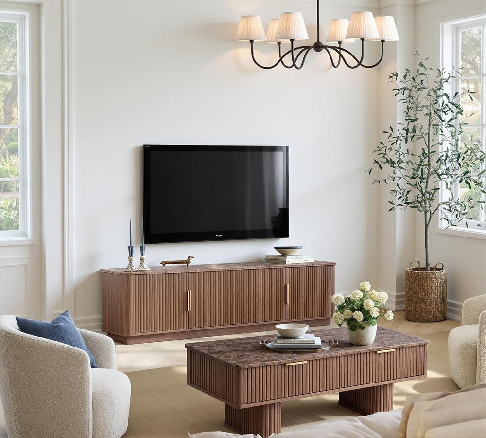 win2win Rectangle Coffee Table with Storage, Faux Marble Top, Walnut