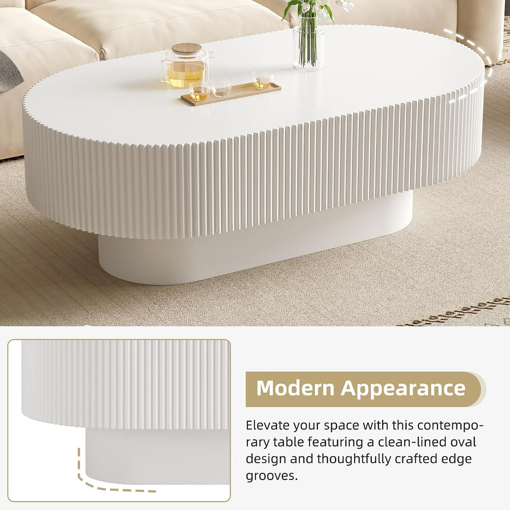 LUMISOL Oval Fluted Coffee Table with Thick Tabletop and Base,White