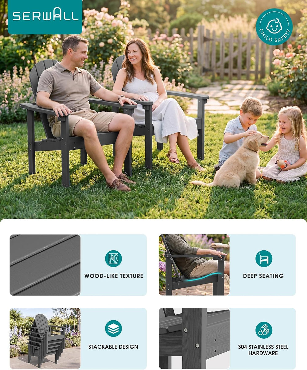 SERWALL HDPE Stackable Adirondack Chair,Space-Saving, Grey