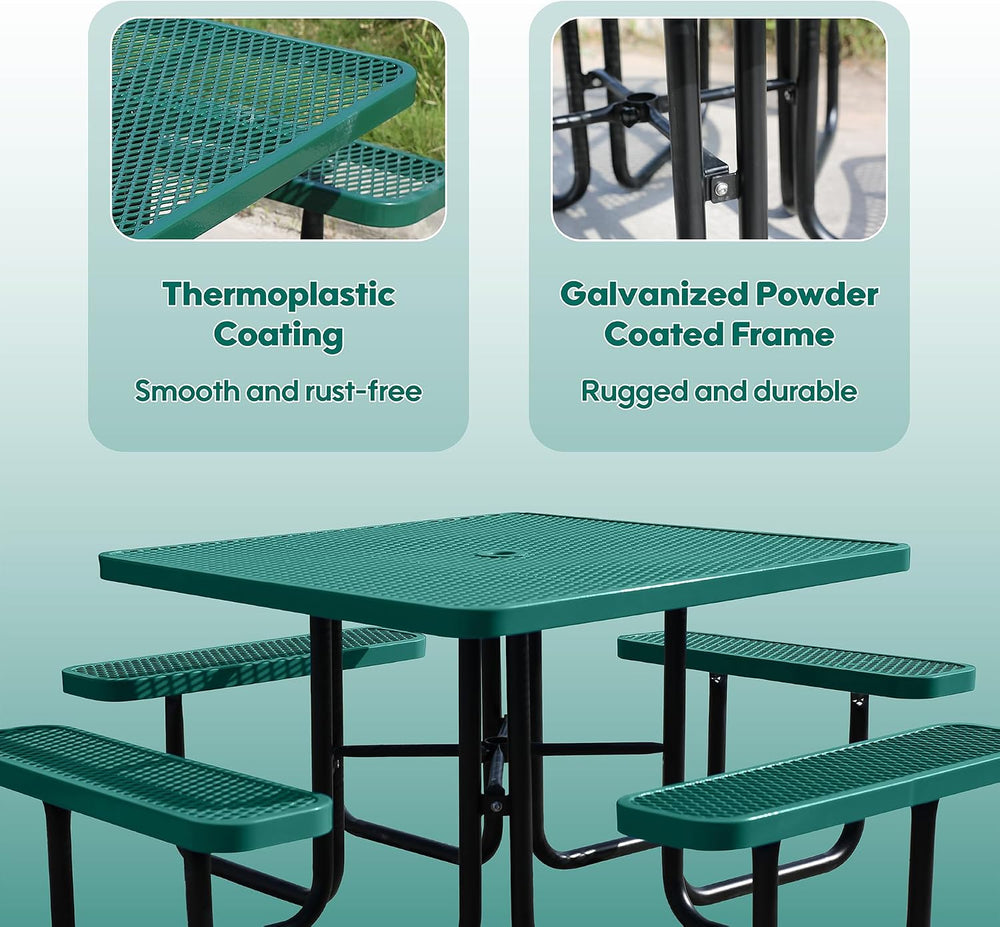 8-Person Picnic Tables for Outdoors, Industrial 46" Expanded Metal Squar...