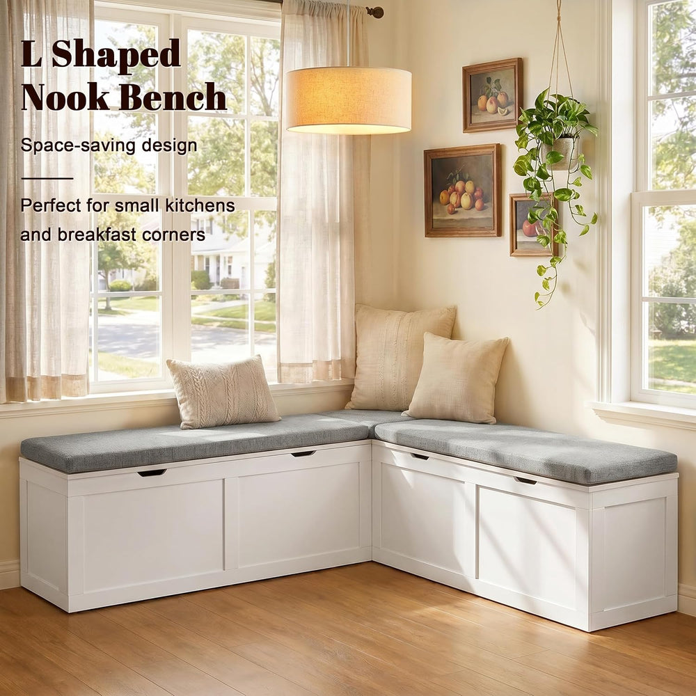 63” Breakfast Nook Bench, L Shaped Storage Bench with Cushion, White