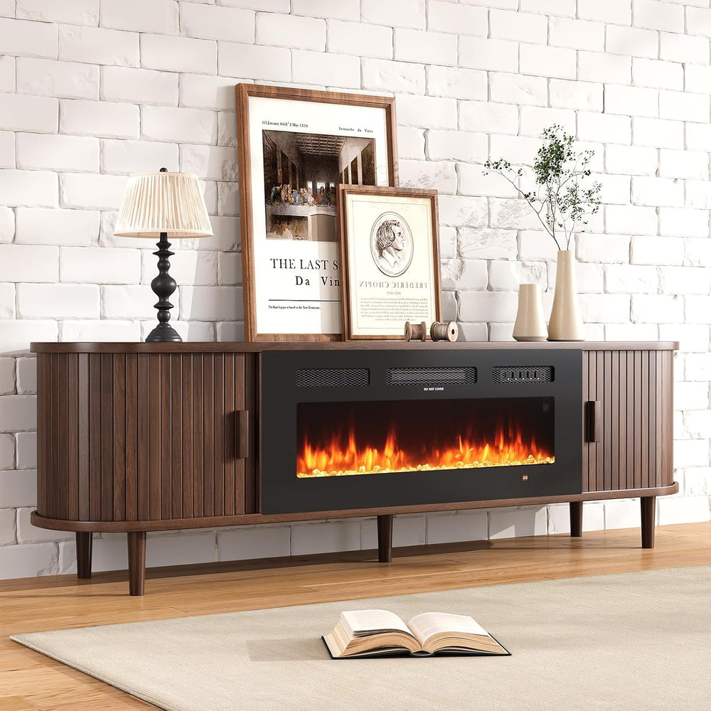 70" Mid Century Modern TV Stand with Fireplace, Fluted Fireplace TV Stan...