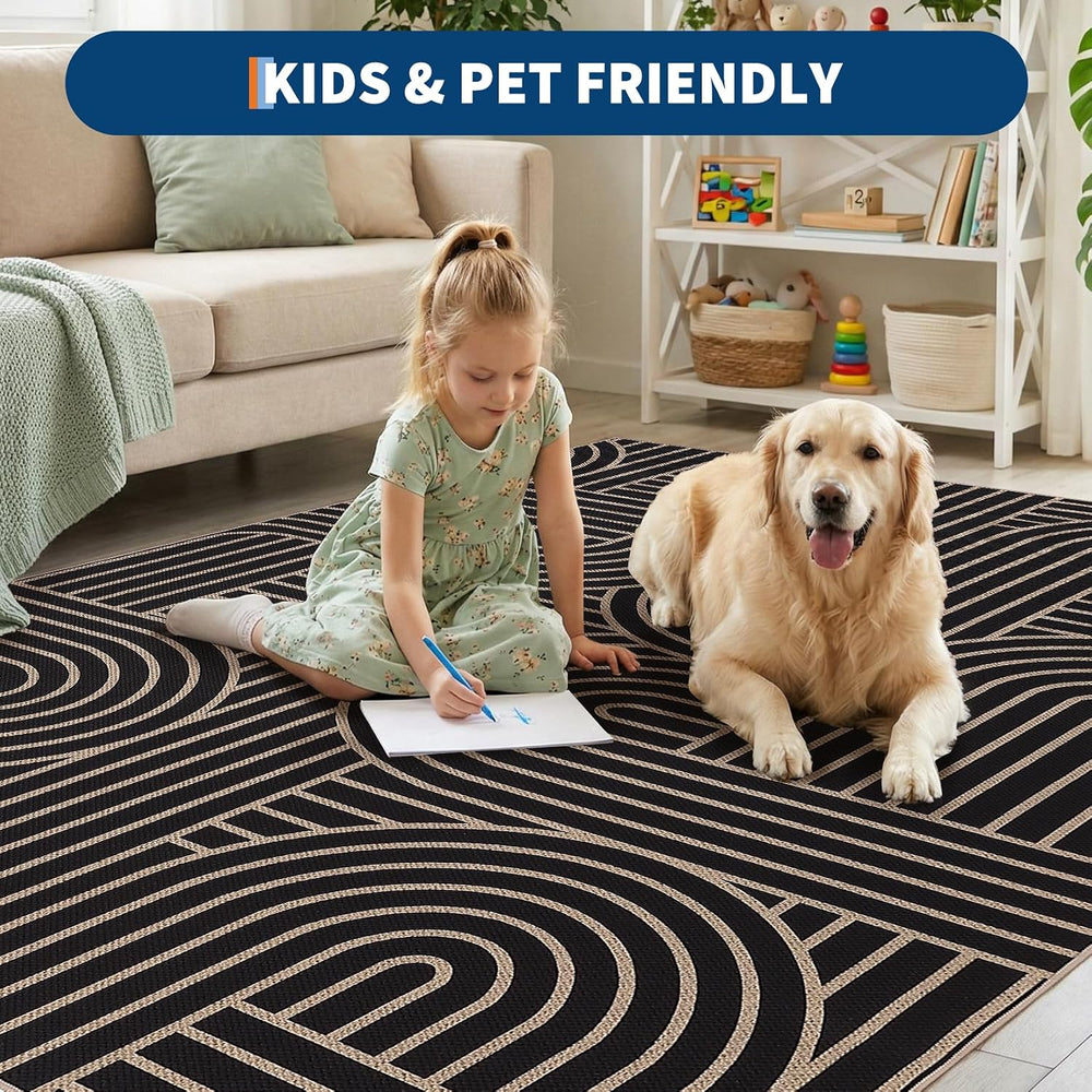 Garvee Outdoor Patio Rug 9x12 Easy Jute Geometric Living Room Rug, Black