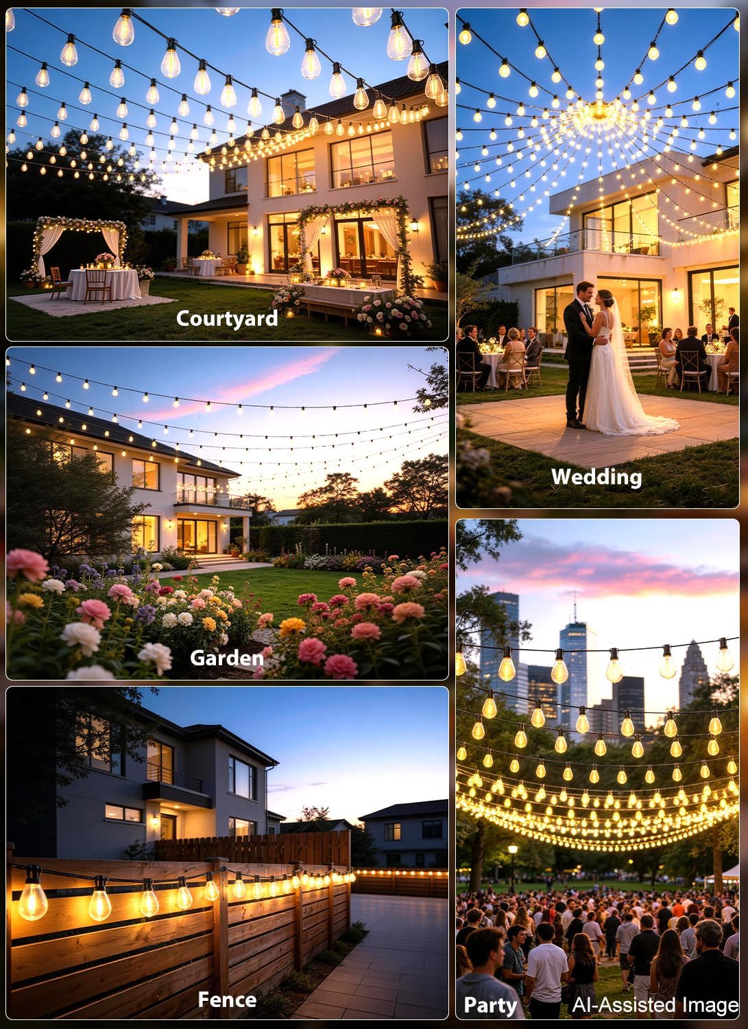 200ft outdoor string lights with 76+2 s11 led, front angle view