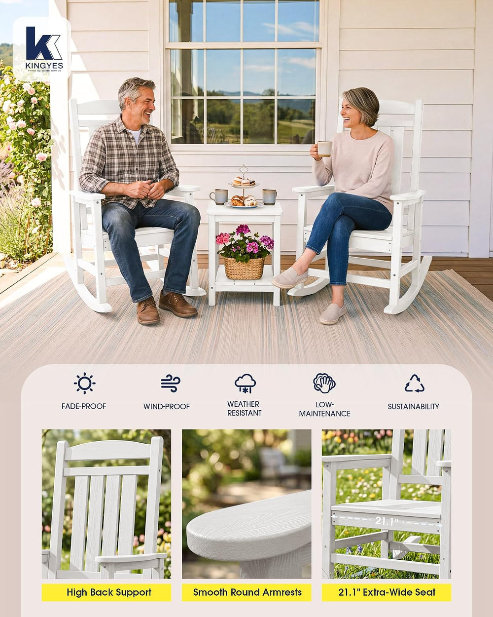 KINGYES Oversized Outdoor Rocking Chairs Set of 2, HDPE Porch Rocker, White