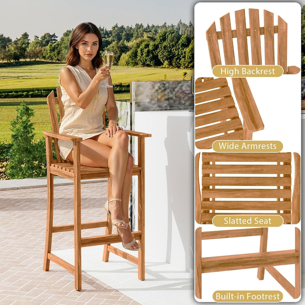 Tangkula Tall Adirondack Chair, Outdoor Acacia Wood Bar Stool with Back, Armr...