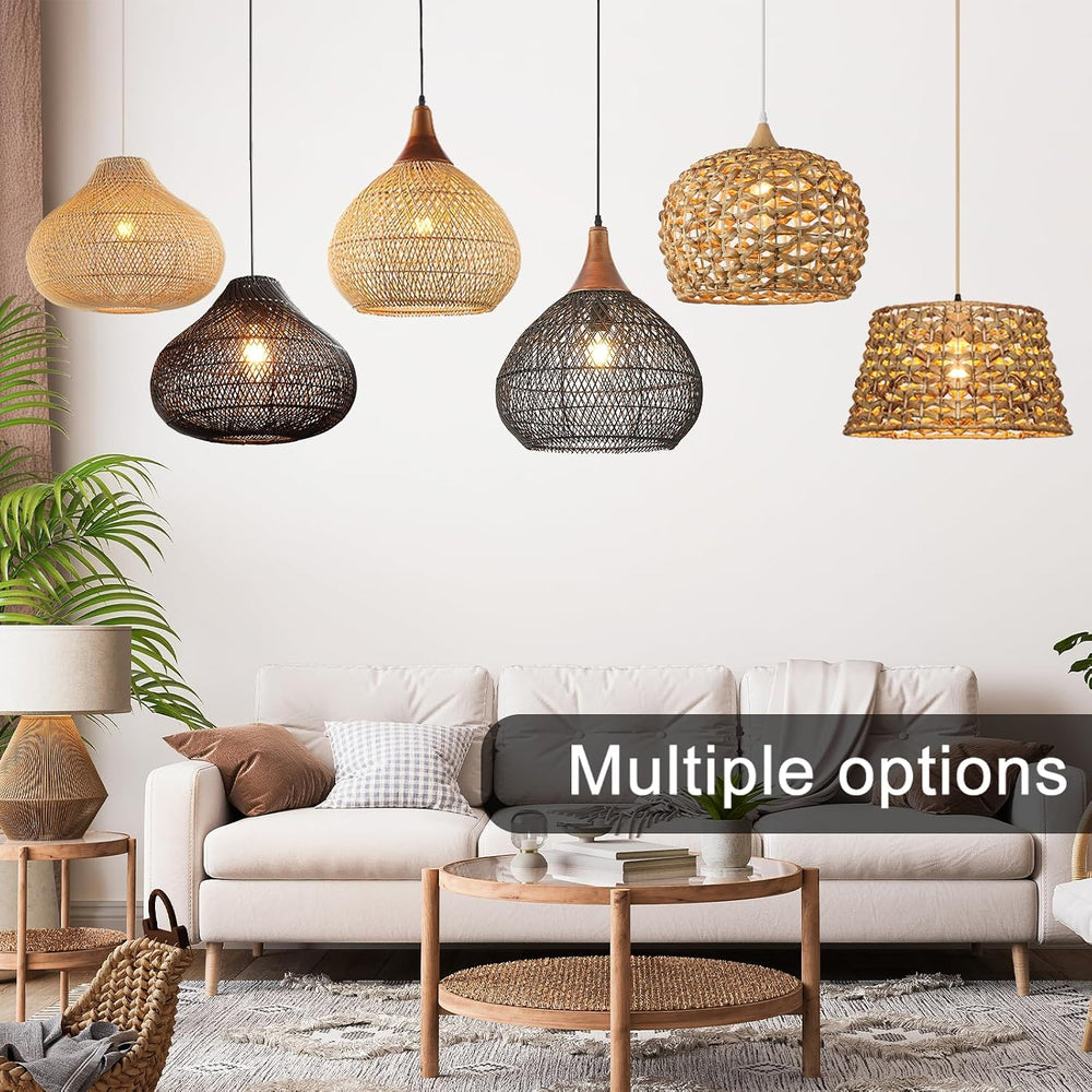 Rattan Pendant Light, 15.8" Boho Wicker Chandelier, Hand-Woven